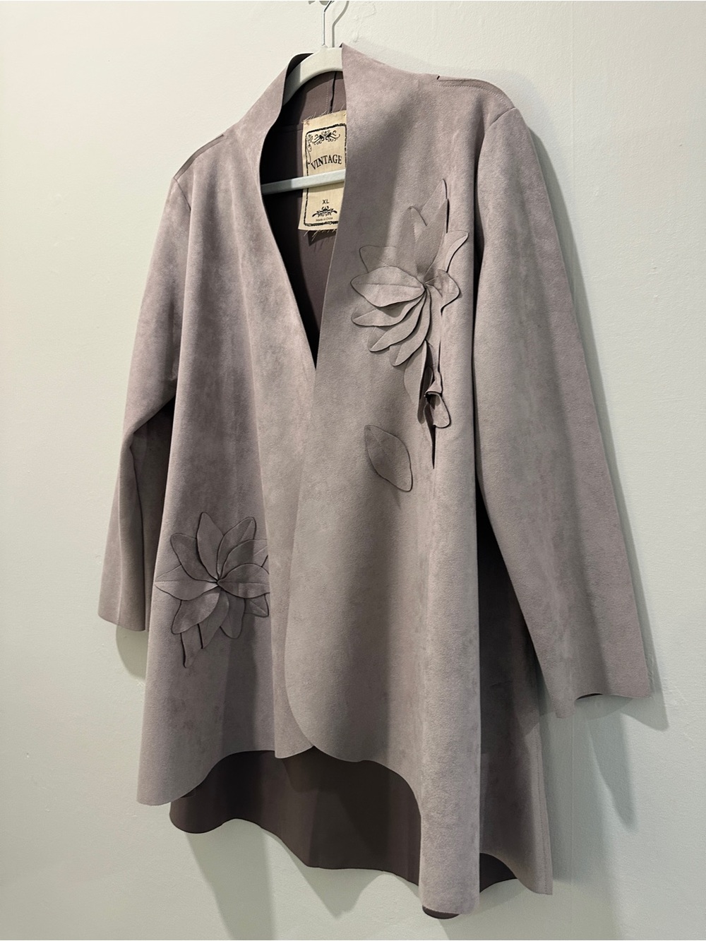Taupe Faux Suede Floral Appliqué Duster Jacket - Picture 5 of 6